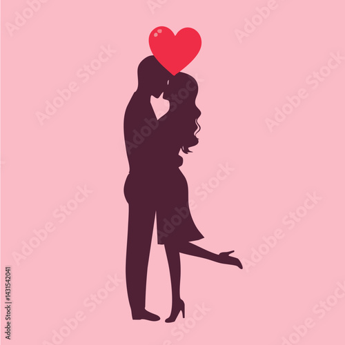 Silhouette of Couple Kissing with Heart Above. Vector Image