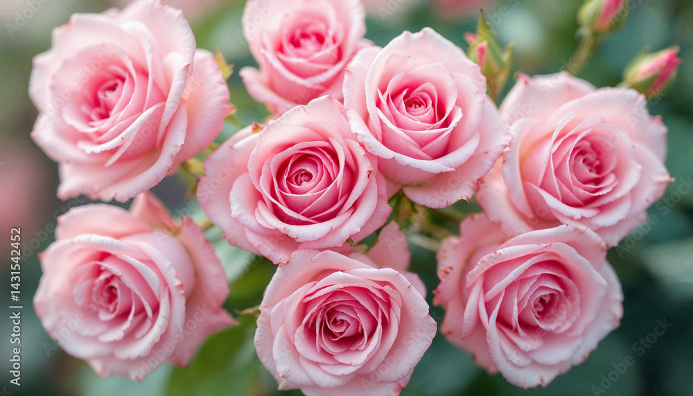 Pink roses blooming in a lush garden during spring showcase their beauty in soft sunlight and lush greenery Pink roses blooming in a lush garden during spring showcase their beauty in soft sunlight and lush greenery