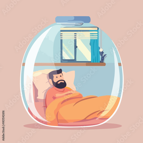 Man Resting in Bed Inside Glass Dome Illustration. Vector Image