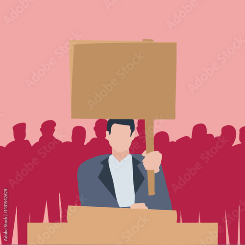 Man Holding Blank Sign in Front of Crowd. Vector Image