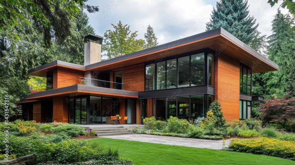 Modern wood house with large windows, patio, and landscaped yard. Modern wood house with large windows, patio, and landscaped yard.