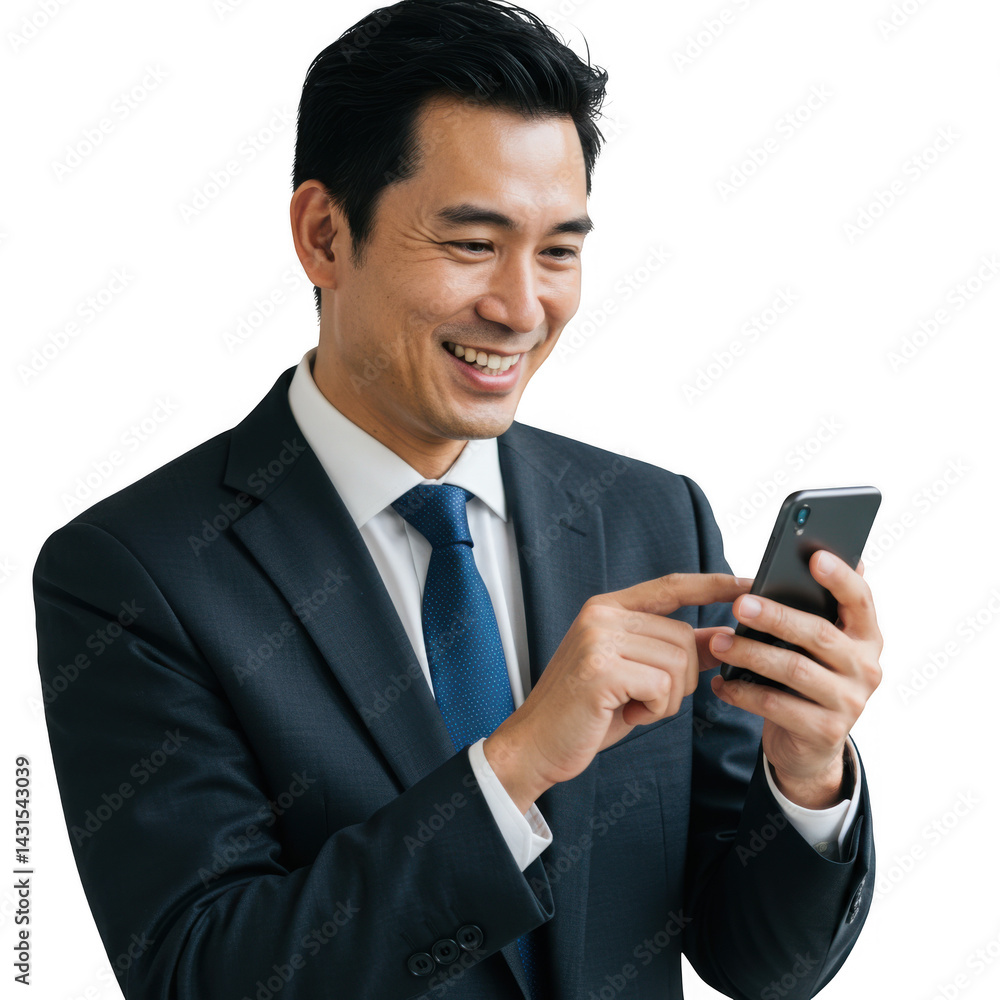 Smiling man using cellphone on transparent background Smiling man using cellphone on transparent background