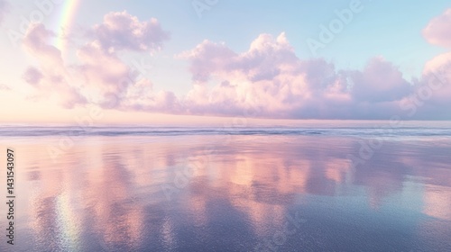 Serene beach sunrise reflection.  Pastel clouds and a tranquil ocean.  Soft, gentle hues of pink and light blue