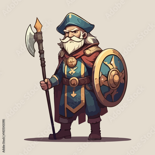 Fantasy Elder Warrior with Axe and Shield. Vector Image
