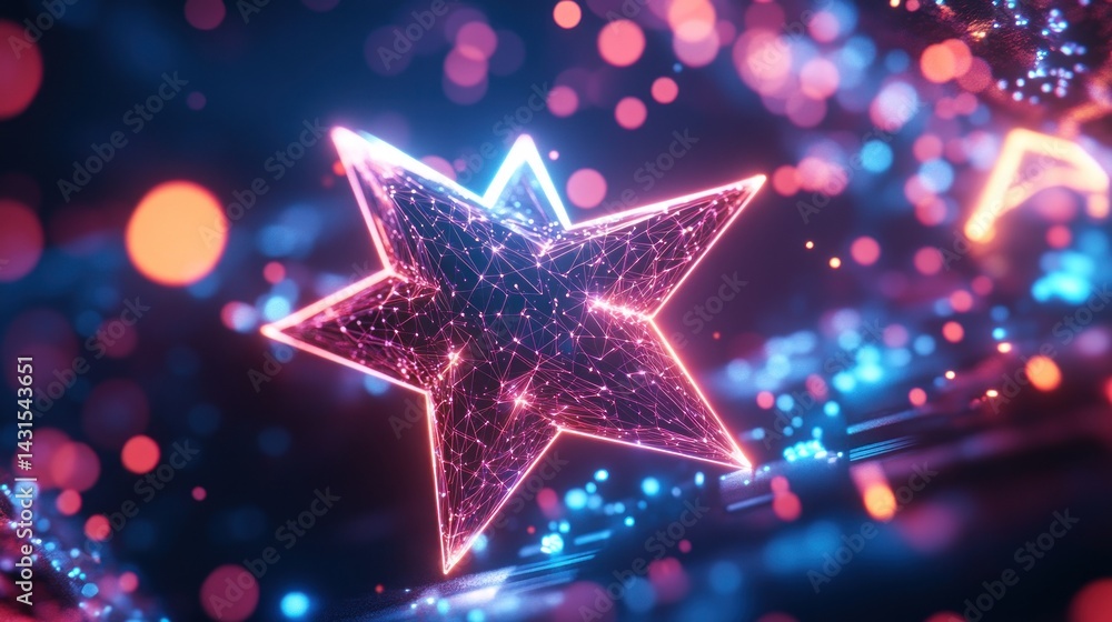 Abstract star graphic with vibrant neon glow and digital lines. Bokeh effect adds depth and atmosphere Abstract star graphic with vibrant neon glow and digital lines. Bokeh effect adds depth and atmosphere