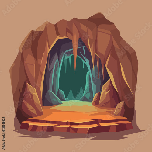 Cave Entrance with Stalactites and Rock Formation. Vector Image