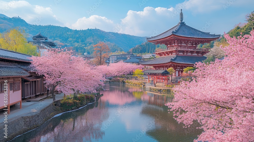 Fototapeta premium Serene Spring in Japan: Cherry Blossoms Frame Pagoda and Lake