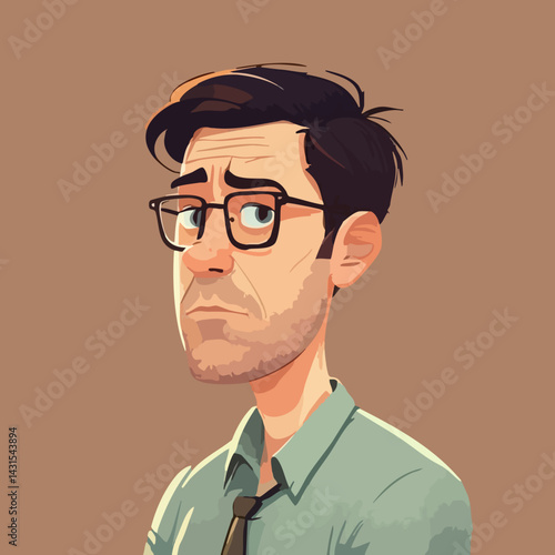 Cartoon illustration of a pensive man wearing glasses and a collared shirt. Vector Image