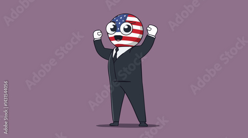 Cartoon Flag Character in Suit Celebrates Success. Vector Image