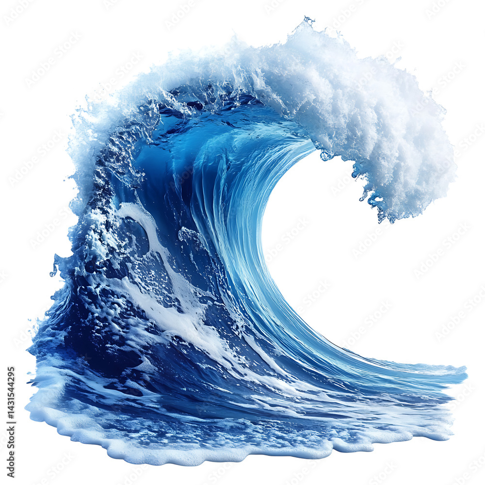 Powerful ocean wave curling with frothy white splash and deep blue color isolated against a transparent background in a dynamic swirling motion