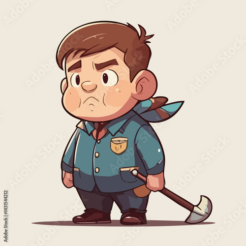 Cartoon Boy with Axe and Uniform. Vector Image