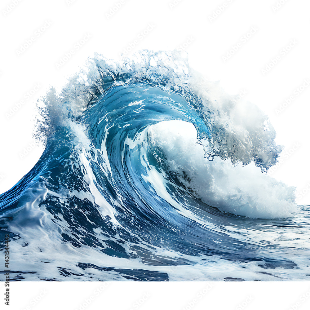 Powerful ocean wave curling with frothy white splash and deep blue color isolated against a transparent background in a dynamic swirling motion