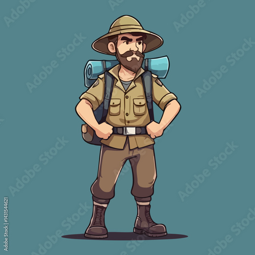 Bearded hiker with backpack and pith helmet ready for adventure. Vector Image