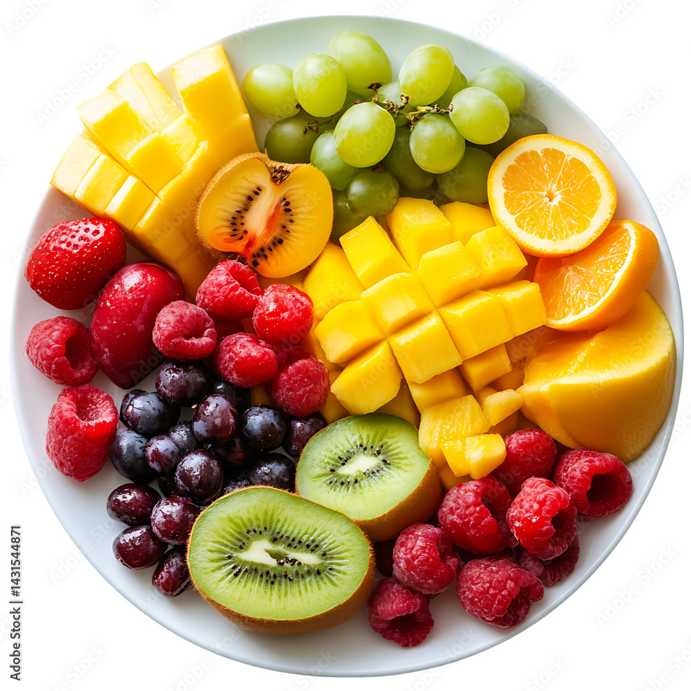 Round plate filled with colorful fresh fruits including kiwi mango grapes oranges strawberries raspberries cherries and plums arranged on a transparent background