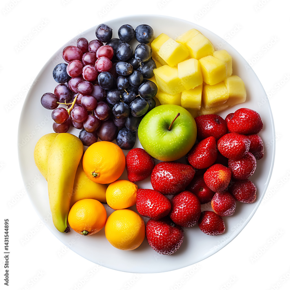 Round plate filled with colorful fresh fruits including kiwi mango grapes oranges strawberries raspberries cherries and plums arranged on a transparent background