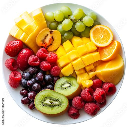 Obraz na płótnie Round plate filled with colorful fresh fruits including kiwi mango grapes oranges strawberries raspberries cherries and plums arranged on a transparent background w salonie