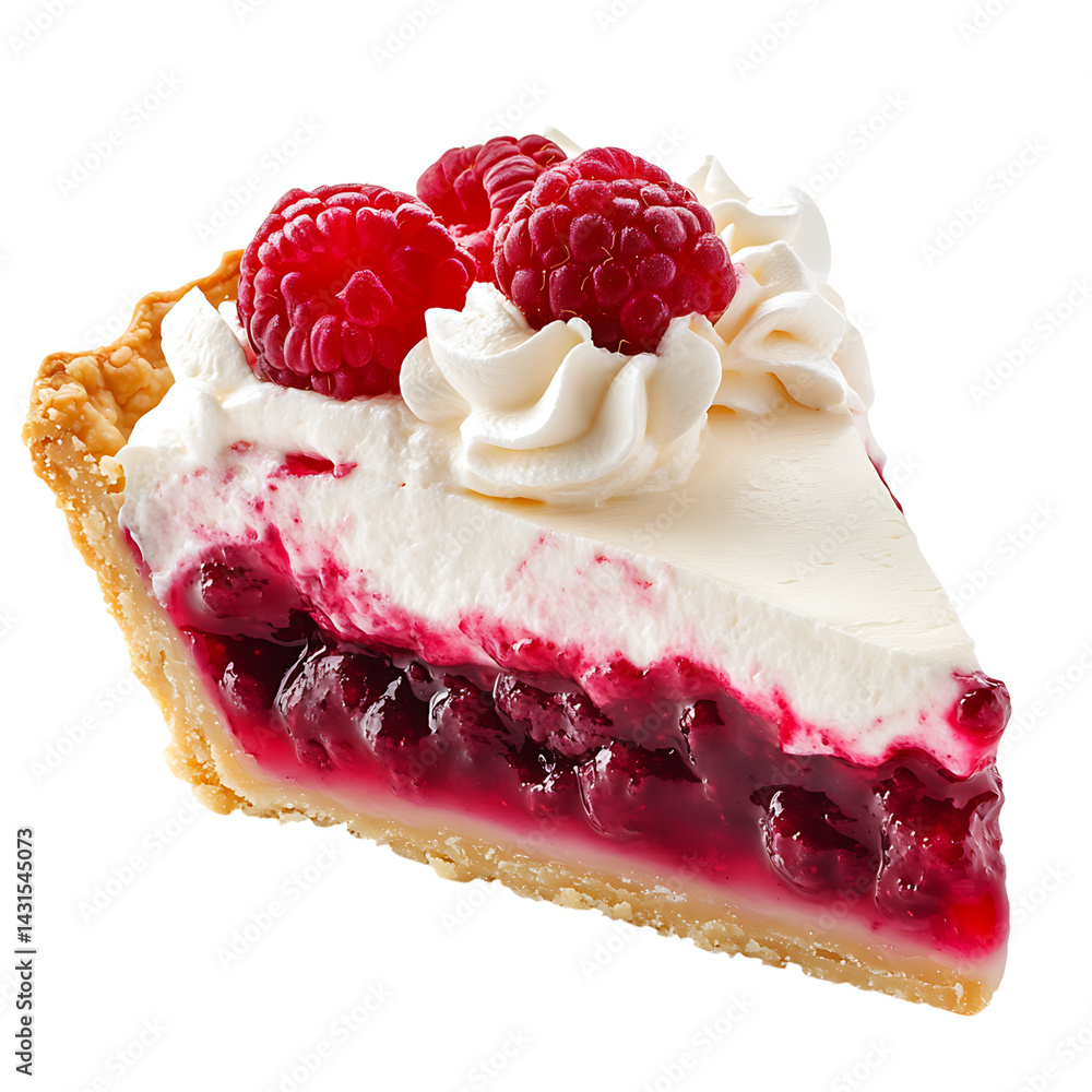 Slice of raspberry cream pie with whipped cream topping and juicy raspberry filling in a golden crust isolated on a transparent background