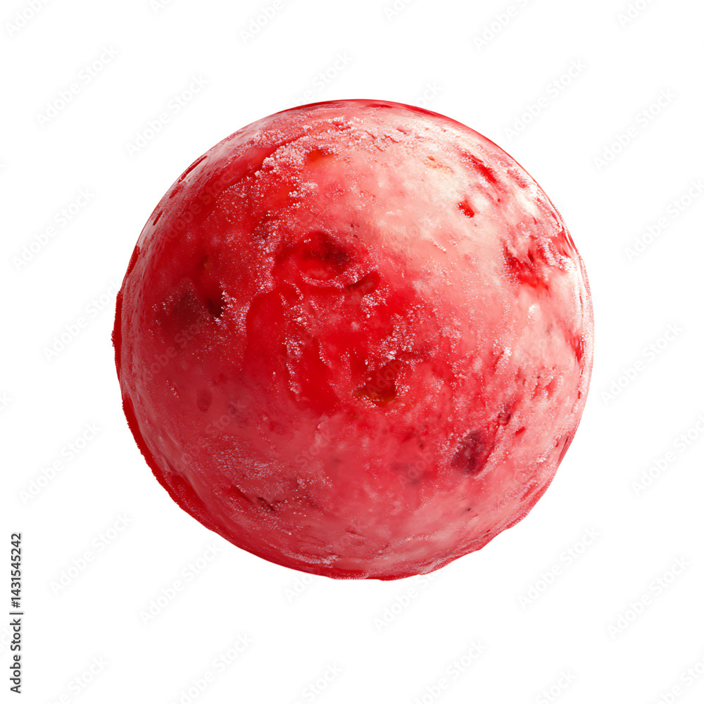 Red ice cream ball with frosty texture and creamy surface isolated on a transparent background resembling berry or cherry flavor scoop