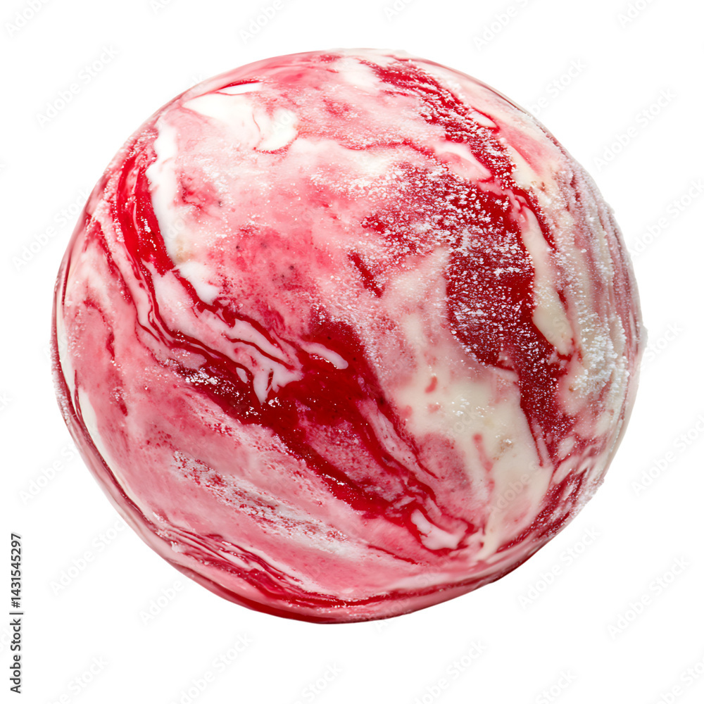 Red ice cream ball with frosty texture and creamy surface isolated on a transparent background resembling berry or cherry flavor scoop