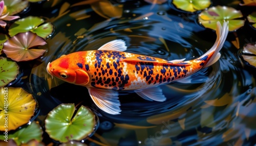 A koi fish swimming through a tranquil pond, its scales reflecting vibrant water lilies and foliage.