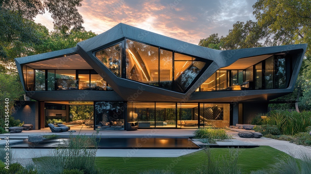 Obraz premium Modern Architectural Gem: Dusk-lit Facade of a Striking Contemporary Home