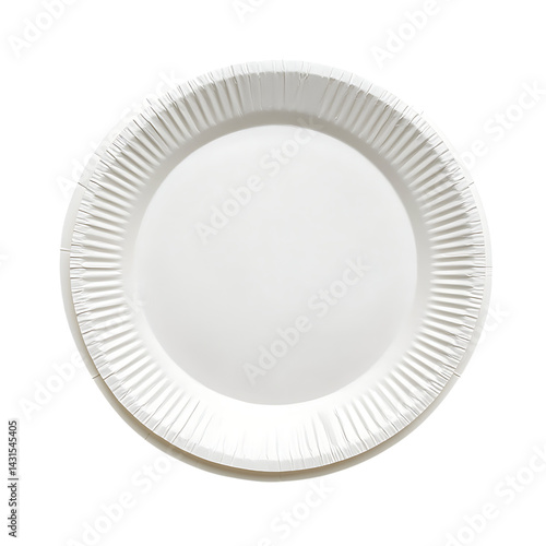 Plain round white paper plate with fluted edges shown isolated on a transparent background commonly used for disposable dining or catering purposes