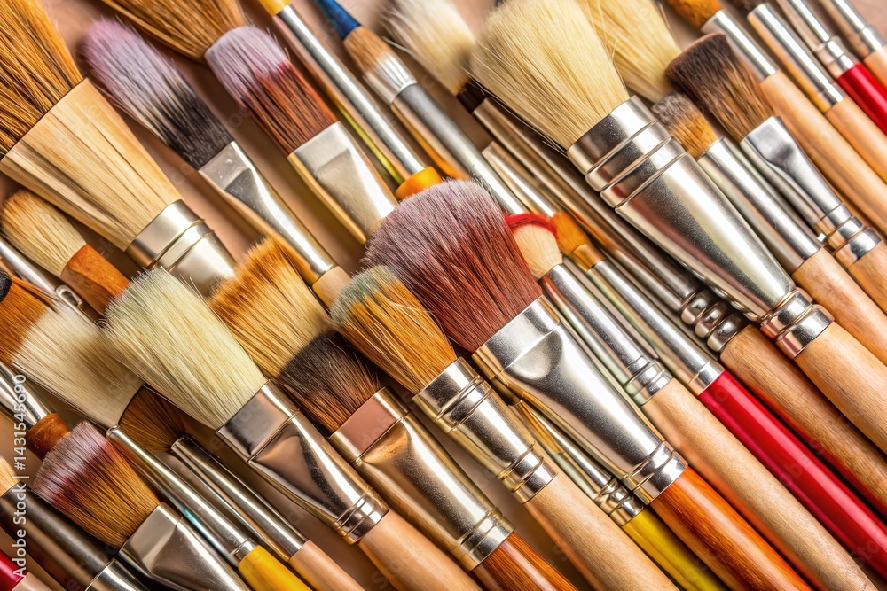 Fototapeta premium Diverse Artist Paint Brushes & Makeup Brushes Collection - High-Resolution Stock Photo