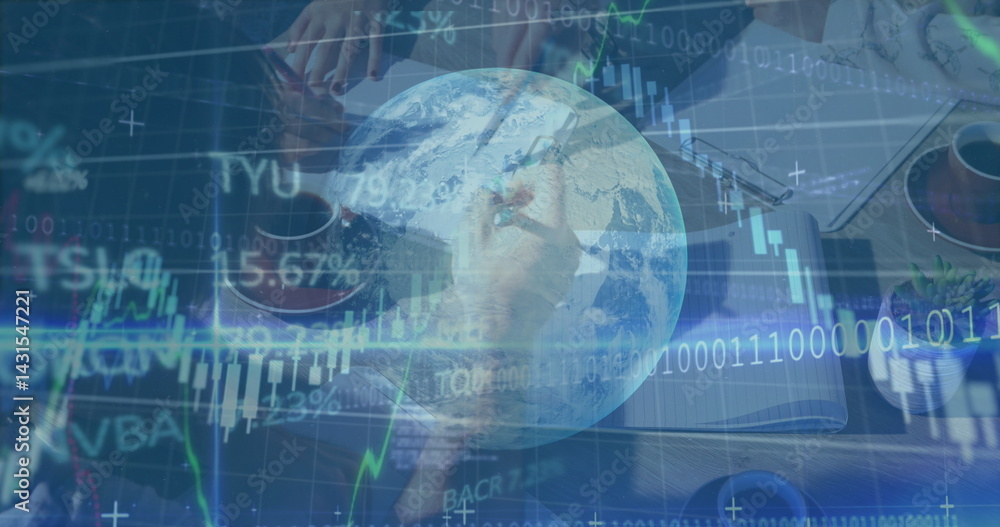 Image of financial data processing and globe over diverse business people in office Image of financial data processing and globe over diverse business people in office