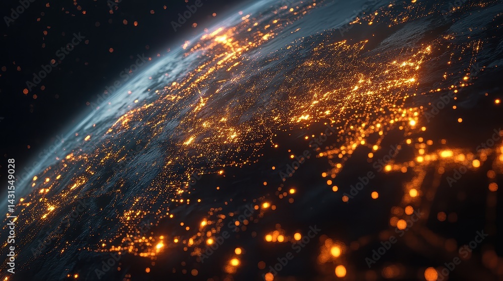 Digital Earth with interconnected luminous paths, network connection, global business.