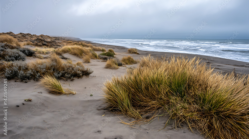 Expansive Coastal Desert Landscape With Wind-Textured Grasses And Distant Cold Sea, Natural Open Terrain For Background Sets, Survival Themes, And Harsh Climate Visual Concepts Expansive Coastal Desert Landscape With Wind-Textured Grasses And Distant Cold Sea, Natural Open Terrain For Background Sets, Survival Themes, And Harsh Climate Visual Concepts