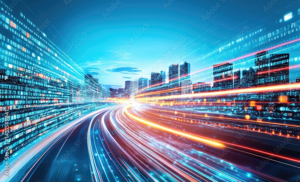 A city skyline with bright lights and fast-moving traffic, creating a sense of energy and progress A city skyline with bright lights and fast-moving traffic, creating a sense of energy and progress