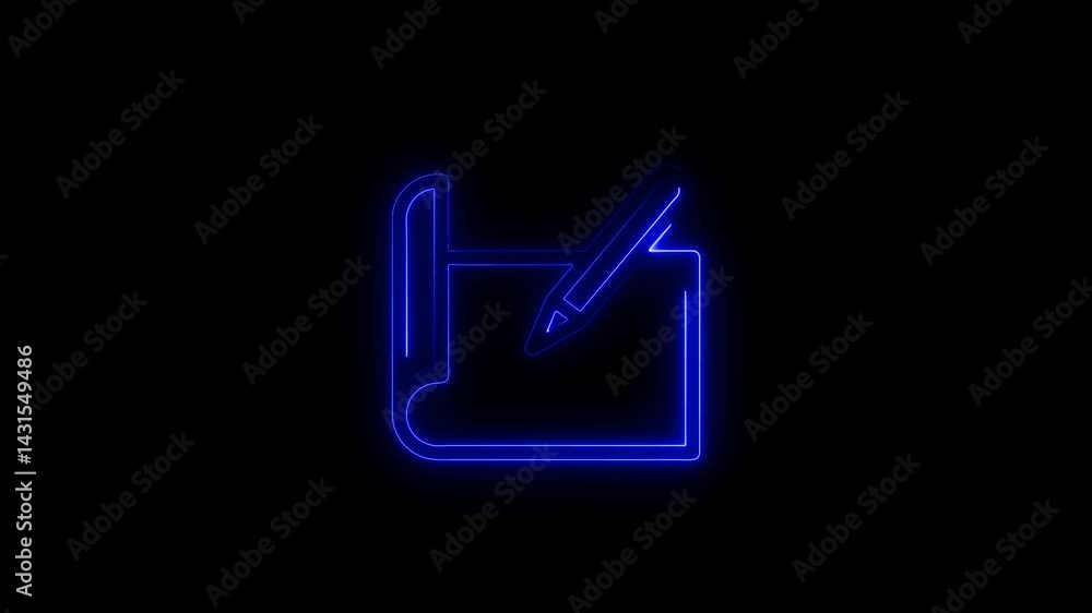 Glowing neon icon animation of a notebook and pencil against black background Glowing neon icon animation of a notebook and pencil against black background