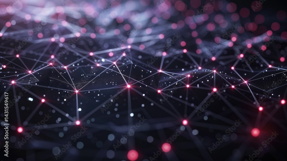 Fototapeta premium Abstract red and black digital network with glowing nodes and connection. Digital artwork of digital dots connecting together with glowing color.Technology innovation and communication concept. AIG53.