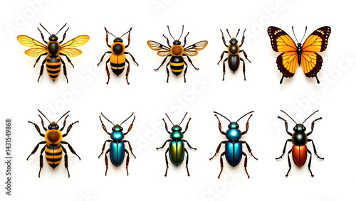 Vector graphics of diverse pollinators such as bumblebees, honey bees, butterflies, and beetles, each element clearly isolated on white for easy use.