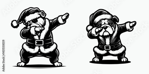 Bulldog Dog wear santa costume and pose dabbing. Funny Christmas Holiday Animal Clipart. canine festive outfit dab stance image.