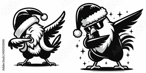Chicken wear santa costume and pose dabbing. Funny Christmas Holiday Animal Clipart. Fowl donned festive apparel striking dab stance.