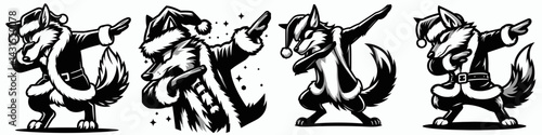 Coyote wear santa costume and pose dabbing. Funny Christmas Holiday Animal Clipart. Festive canine apparel dab gesture photo.