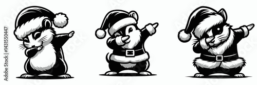 Hamster wear santa costume and pose dabbing. Funny Christmas Holiday Animal Clipart. Rodent in garment doing dab festive gesture.