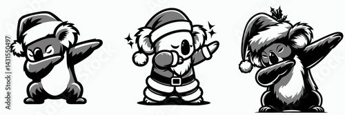 Koala wear santa costume and pose dabbing. Funny Christmas Holiday Animal Clipart. Marsupial donned garb striking dab figure.