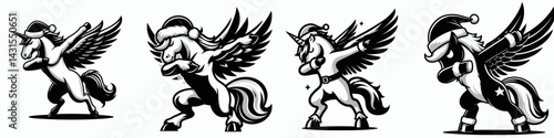 Pegasus wear santa costume and pose dabbing. Funny Christmas Holiday Animal Clipart. Winged horse attire quirky jig image.