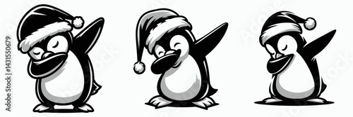 Penguin wear santa costume and pose dabbing. Funny Christmas Holiday Animal Clipart. Festive antarctic bird donning suit strikes a dab position.