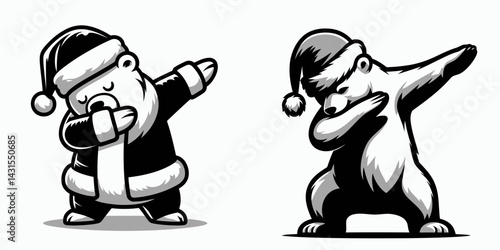 Polar Bear wear santa costume and pose dabbing. Funny Christmas Holiday Animal Clipart. Arctic mammal festive garment celebration dab posture.