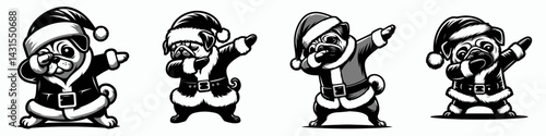 Pug Dog wear santa costume and pose dabbing. Funny Christmas Holiday Animal Clipart. Canine festive garb comical dance portrait.