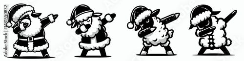 Sheep wear santa costume and pose dabbing. Funny Christmas Holiday Animal Clipart. Wooly pal in attire does popular dance movement.