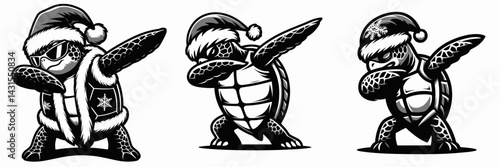 Sea Turtle wear santa costume and pose dabbing. Funny Christmas Holiday Animal Clipart. aquatic reptile outfit celebration humor dab posture.