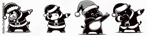Pygmy hippo wear santa costume and pose dabbing. Funny Christmas Holiday Animal Clipart. Dwarf hippopotamus donning garb striking cool stance.