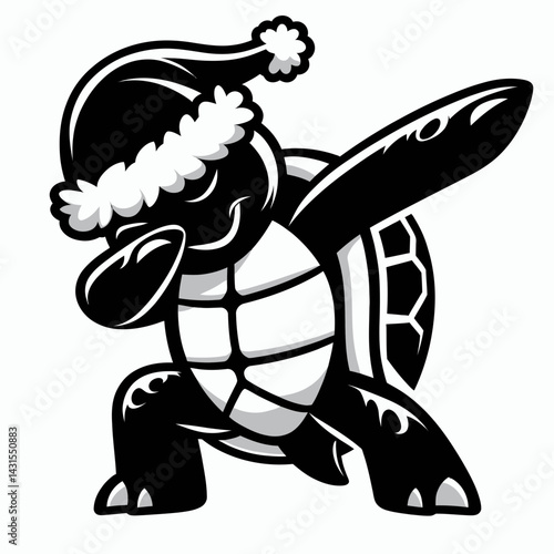 Turtle wear santa costume and pose dabbing. Funny Christmas Holiday Animal Clipart. Reptile attire celebration dab posture.