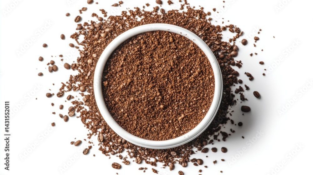Top view of coffee cup and scattered ground coffee on white background generative ai Top view of coffee cup and scattered ground coffee on white background generative ai