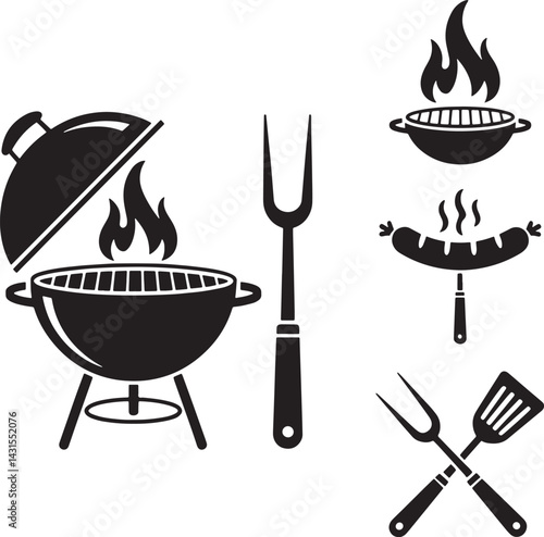 BBQ and Grilling Icon Set or Black Silhouette Barbecue Tools Vector on White Background
