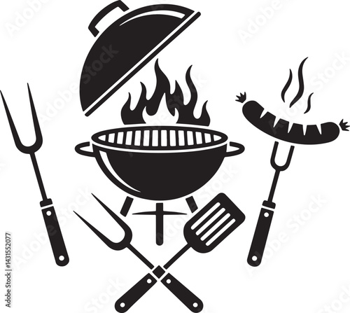 BBQ and Grilling Icon Set or Black Silhouette Barbecue Tools Vector on White Background